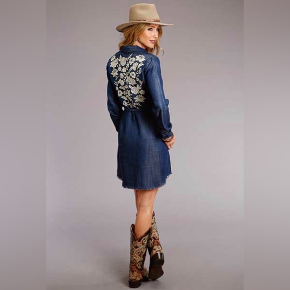 Stetson Denim Floral Western Embroidered Button-Up Shirt Dress Size Medium EUC
